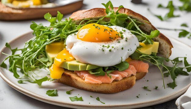 un sándwich con un huevo y aguacate en él