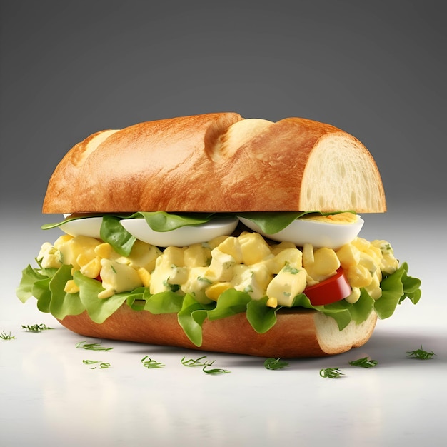 Sándwich con huevo y verduras en un fondo gris renderización 3D