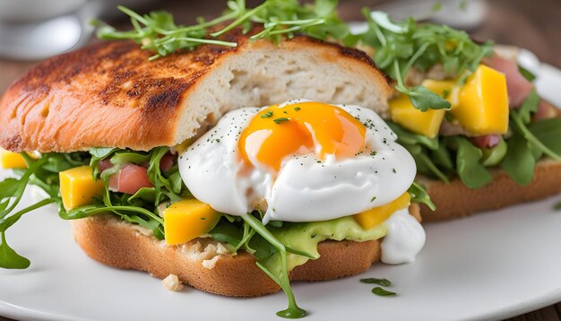 un sándwich con huevos y huevos en él se sienta en un plato