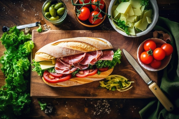 Sandwich im Küchentisch, professionelle Werbung für Lebensmittelfotografie