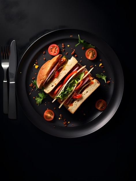 Sandwich im Restaurantstil auf dem schwarzen Teller, Foto von oben im Restaurantstil