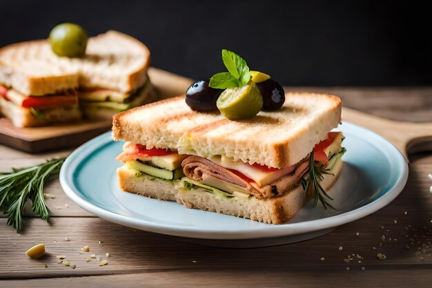 Un sándwich con jamón y aceitunas en un plato