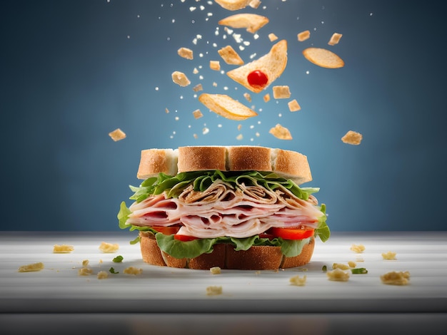 Sándwich de jamón flotante estilo estudio cinematográfico comida sabrosa fotografía publicitaria realista