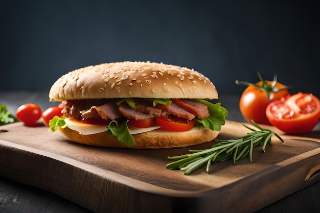 Un sándwich con jamón y lechuga junto a una ramita de tomates frescos.