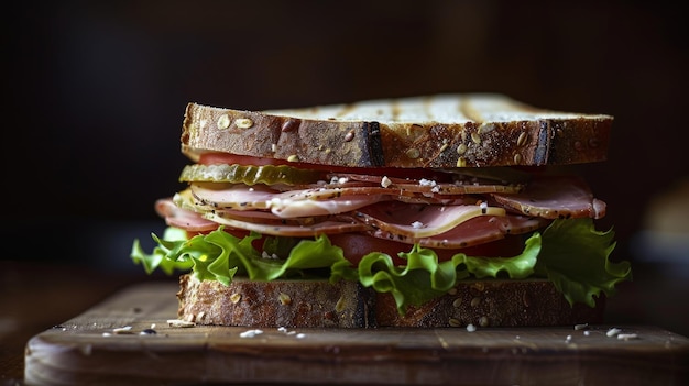 un sándwich con jamón y lechuga en una tabla de madera