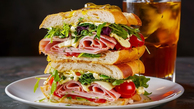 un sándwich con jamón y lechuga