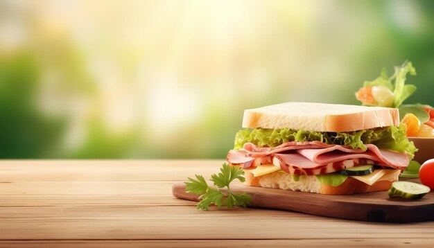 Un sándwich con jamón y queso está en una mesa de madera