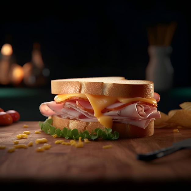 Sándwich con jamón y queso en una tabla de madera en la oscuridad