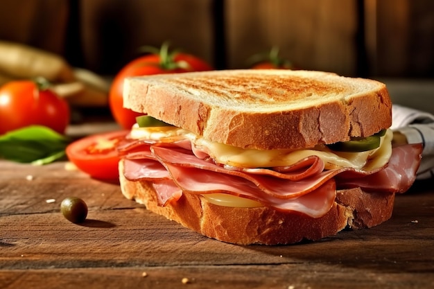 Sándwich con jamón, queso, tomate y lechuga sobre mesa de madera con IA generada