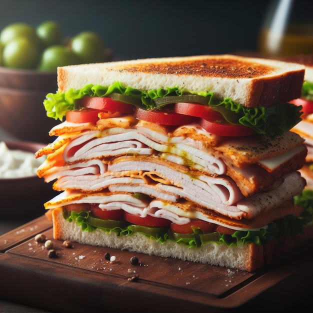 sándwich con jamón y verduras sobre tabla de cortar