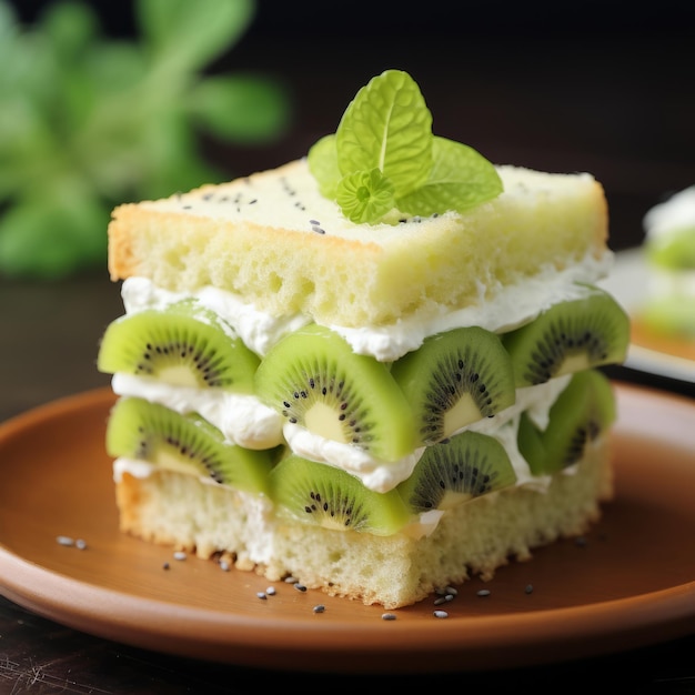 Sándwich japonés con kiwi con crema y menta en el plato