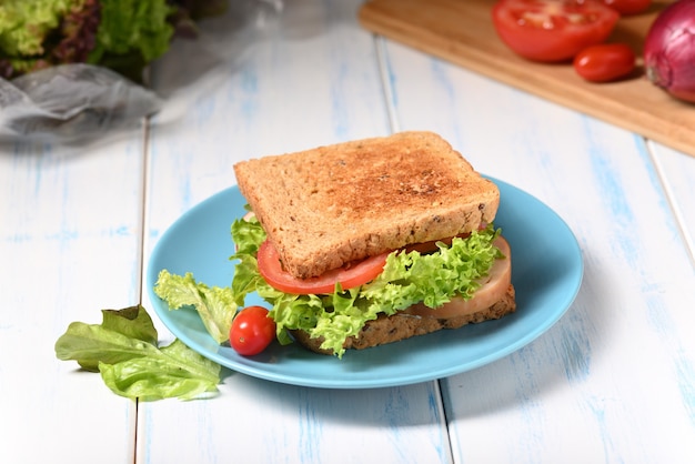 Sándwich jugoso con ensalada verde en la placa azul.