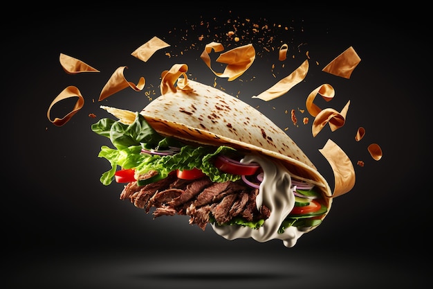 Sándwich de kebab de tortilla con ingredientes que vuelan en el aire Comida rápida levitante con ensalada de salsa en pan de pita Creado por IA generativa