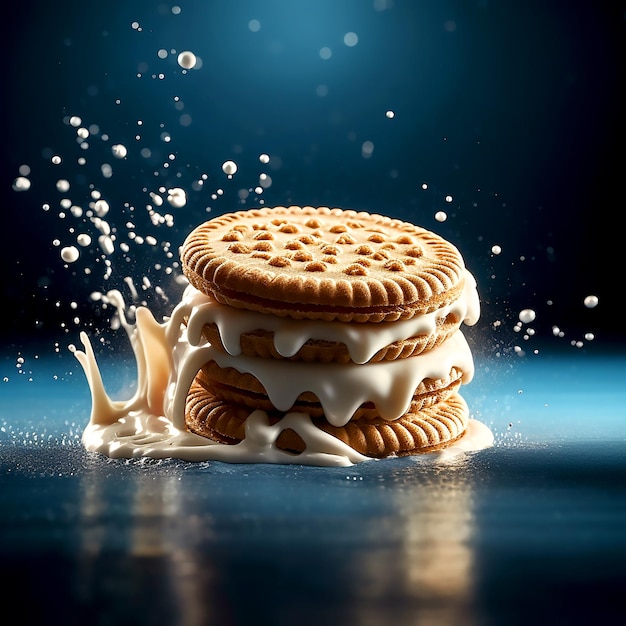 Foto sandwich-kekse und frische vanillecreme fließen auf das dunkel glänzende thema