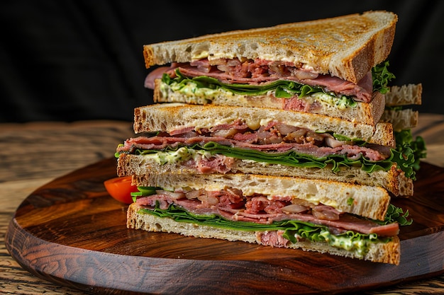 un sándwich con lechuga de carne y tomate en una mesa