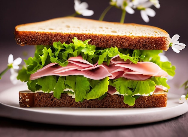 Un sándwich con lechuga, jamón y mayonesa encima