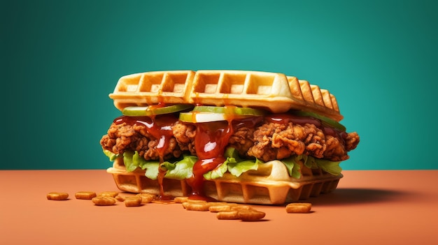 Un sándwich lleno de gafas de pollo ketchup y lechuga