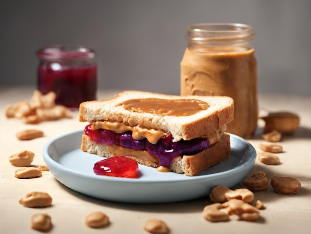 un sándwich con mantequilla de maní y jalea en un plato con mantequillas de maní.