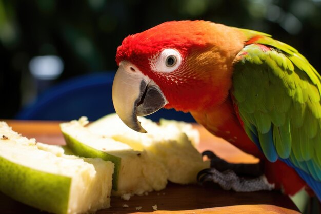 Foto un sándwich a medias con un loro posado cerca