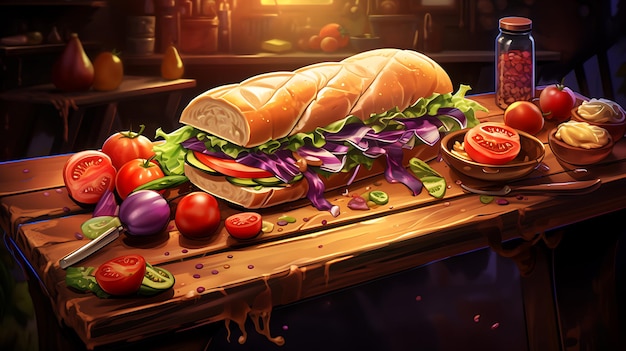 un sándwich en una mesa de madera con cebollas y tomate Generative Ai