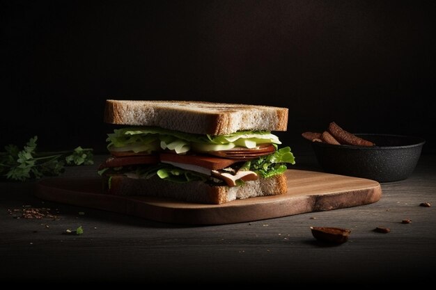 Foto sándwich en mesa de madera con fondo de humo oscuro