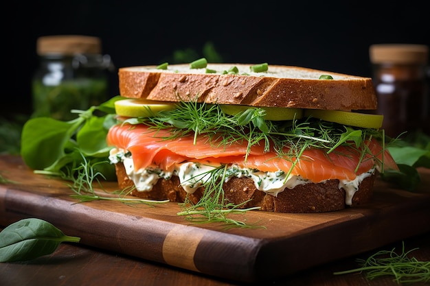 Un sándwich meticulosamente elaborado con capas de salmón ahumado.