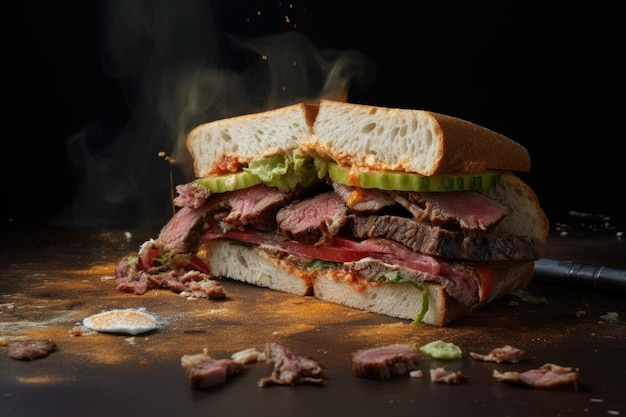 Foto sandwich mit einem bissen herausgenommener krümel drumherum