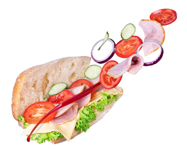 Foto sandwich mit fliegenden zutaten