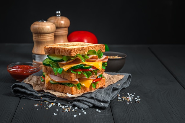 Sandwich mit Gemüse und Schinken auf dem Hintergrund der Gewürzsauce. Seitenansicht, Textfreiraum