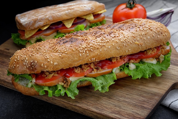 Sandwich mit geräuchertem Fleischkäse und Tomaten auf einem Holzbrett