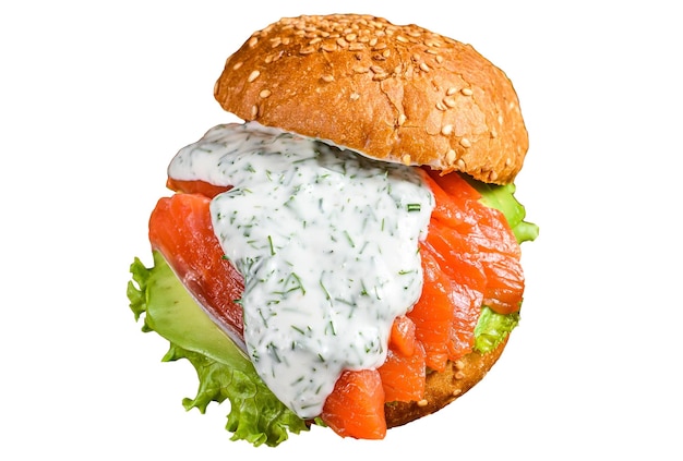 Sandwich mit gesalzenem Fisch, Lachs, Avocado, Burgerbrötchen, Senfsauce und Eisbergsalat, isoliert auf weißem Hintergrund