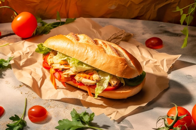 Sandwich mit Hühnergemüse und Käse auf hellem Hintergrund Generative KI