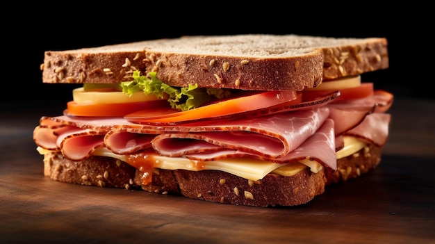 Sandwich mit Käse-Schinken-Sauce und Salat auf dunklem Hintergrund, generierte KI