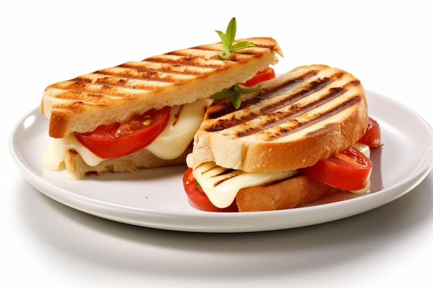 Sandwich mit Mozzarella-Tomaten und Basilikum auf weißem Hintergrund