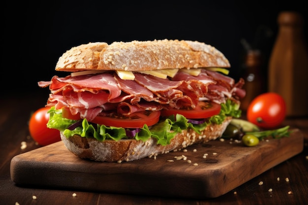 Sandwich mit Prosciutto-Tomaten und Käse auf einem rustikalen Holzhintergrund