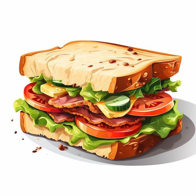 Sandwich mit Schinken, Käse, Tomaten und Salat. Vektorillustration