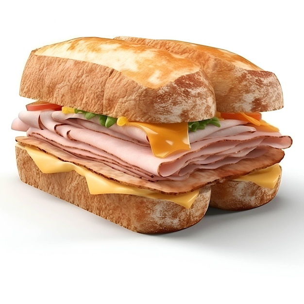 Sandwich mit Schinken und Käse isoliert auf weißem Hintergrund 3D-Illustration