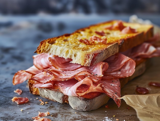 Sandwich mit Stückchen getrocknetem Fleisch Mortadella italienischer Snack in Nahaufnahme Fotorealistisch