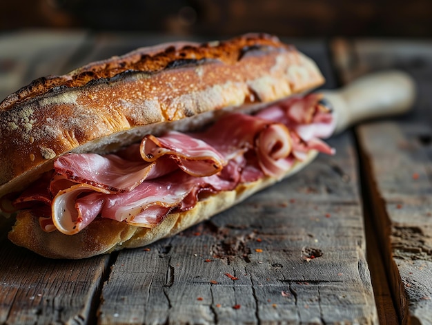 Sandwich mit Stückchen getrocknetem Fleisch Mortadella italienischer Snack in Nahaufnahme Fotorealistisch