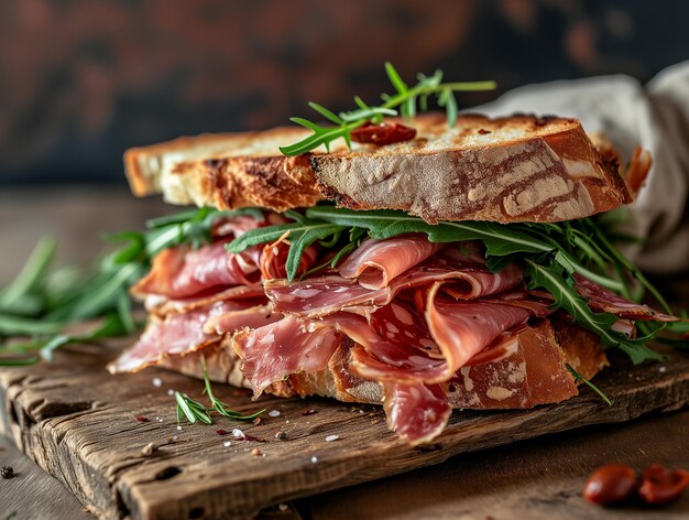 Sandwich mit Stückchen getrocknetem Fleisch Mortadella und Grünen italienischer Snack in Nahaufnahme Fotorealistisch