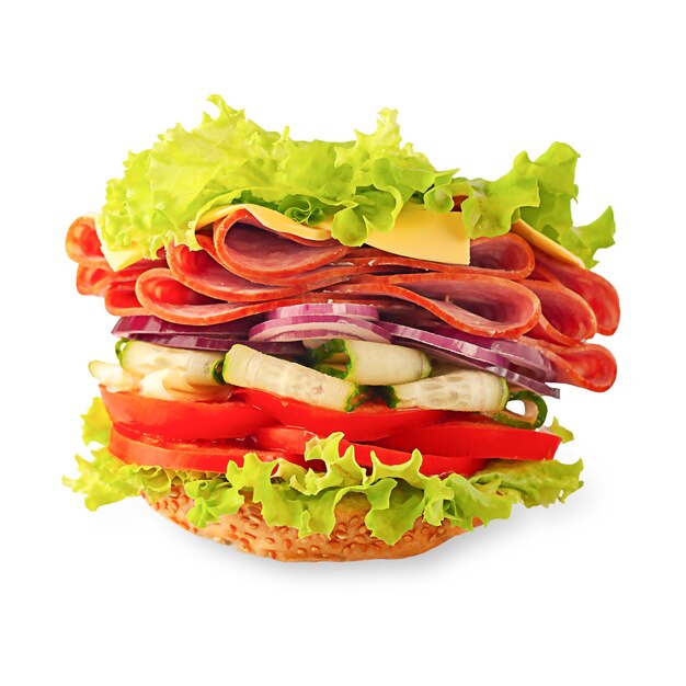 Foto sandwich mit würstchen, tomaten, käse und zwiebeln auf weißem hintergrund