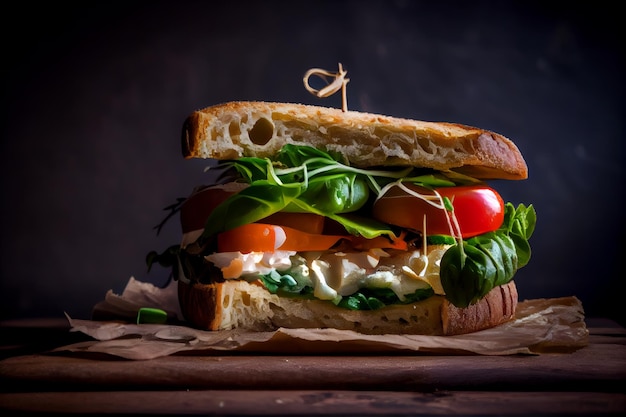 Sándwich con mozzarella de tomate y espinacas sobre fondo de madera IA generativa