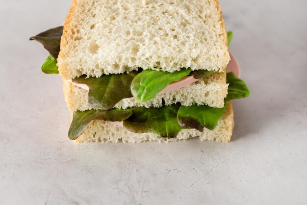 Sándwich de pan blanco sabroso con salchicha y ensalada fondo gris horizontal