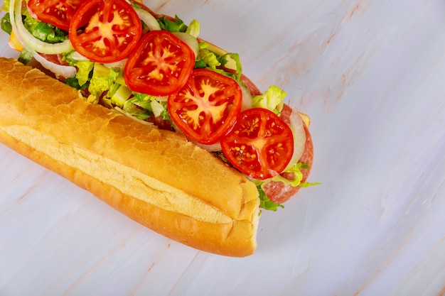 Sándwich de pan de chapata con salami, queso y vegetales