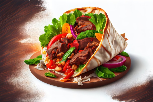 Sándwich de pan ciabatta con carne de cerdo desmenuzada y verduras Carne de kebab libanés Generative Ai