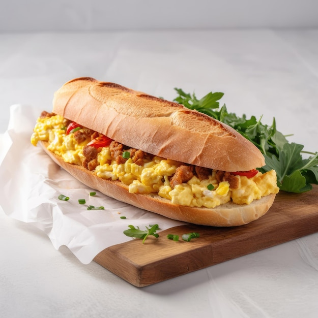 Sándwich de pan ciabatta con huevos revueltos