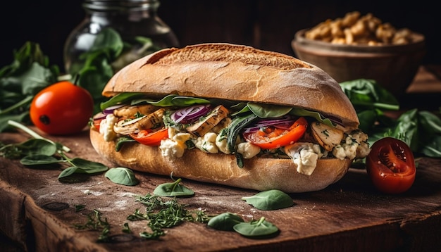 Sándwich de pan ciabatta a la parrilla con carne fresca y verduras generado por IA