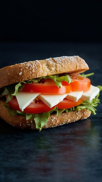 Foto sándwich de pan tandir con queso blanco, tomate y lechuga en el interior