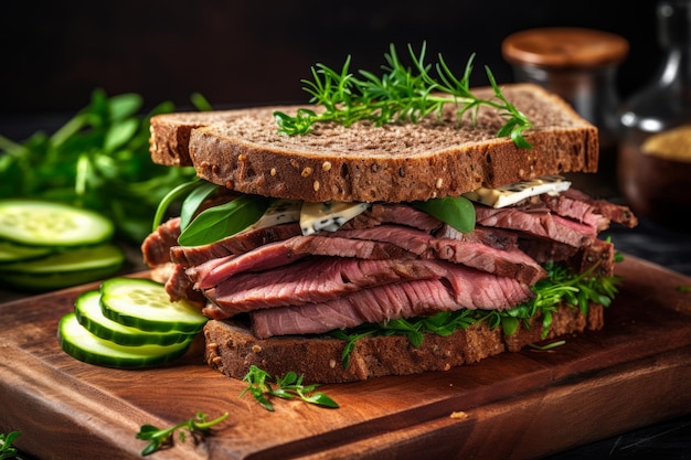 Sándwich de pan de trigo entero con pepino de carne asada y rúcula