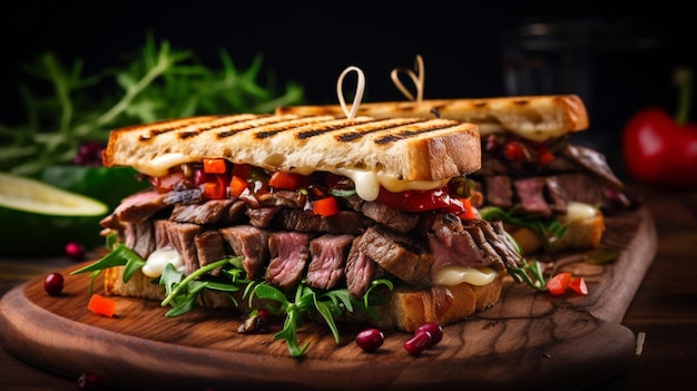 sándwich a la parrilla con carne de res y verduras